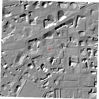 Shaded relief map of the ground around SW1P2LA, computed from Environment Agency LiDAR. The ground here sits at about 4 m above sea level and falls 9 m across the surrounding 800 m. Surface water reaching this point runs off ground lying to the south-south-west, 0.9 m higher.