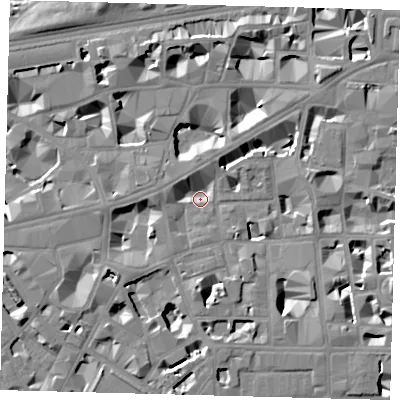 Shaded relief map of the ground around SW1P2LD, computed from Environment Agency LiDAR. The ground here sits at about 2 m above sea level and falls 9 m across the surrounding 800 m. Surface water reaching this point runs off ground lying to the south, 6.9 m higher.