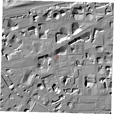 Shaded relief map of the ground around SW1P2LE, computed from Environment Agency LiDAR. The ground here sits at about 3 m above sea level and falls 9 m across the surrounding 800 m. Surface water reaching this point runs off ground lying to the west-south-west, 7.2 m higher.