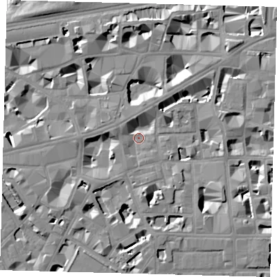 Shaded relief map of the ground around SW1P2LF, computed from Environment Agency LiDAR. The ground here sits at about 3 m above sea level and falls 9 m across the surrounding 800 m. Surface water reaching this point runs off ground lying to the west-south-west, 7.2 m higher.