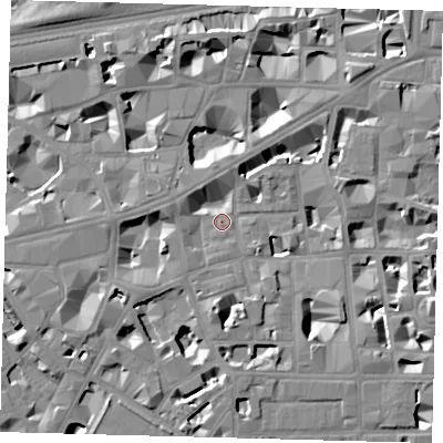 Shaded relief map of the ground around SW1P2LG, computed from Environment Agency LiDAR. The ground here sits at about 3 m above sea level and falls 8 m across the surrounding 800 m. Surface water reaching this point runs off ground lying to the south, 5.7 m higher.