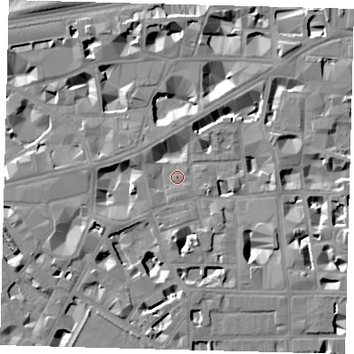 Shaded relief map of the ground around SW1P2LH, computed from Environment Agency LiDAR. The ground here sits at about 3 m above sea level and falls 8 m across the surrounding 800 m. Surface water reaching this point runs off ground lying to the south, 5.7 m higher.