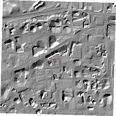 Shaded relief map of the ground around SW1P2LL, computed from Environment Agency LiDAR. The ground here sits at about 4 m above sea level and falls 10 m across the surrounding 800 m. Surface water reaching this point runs off ground lying to the south-south-west, 6.9 m higher.
