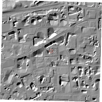 Shaded relief map of the ground around SW1P2LN, computed from Environment Agency LiDAR. The ground here sits at about 4 m above sea level and falls 8 m across the surrounding 800 m. Surface water reaching this point runs off ground lying to the south-south-west, 6.9 m higher.
