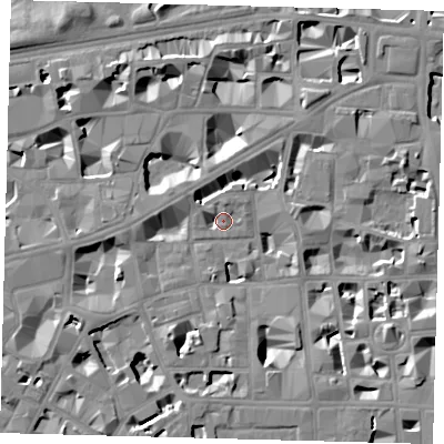 Shaded relief map of the ground around SW1P2LP, computed from Environment Agency LiDAR. The ground here sits at about 3 m above sea level and falls 8 m across the surrounding 800 m. Surface water reaching this point runs off ground lying to the south-south-west, 6.9 m higher.