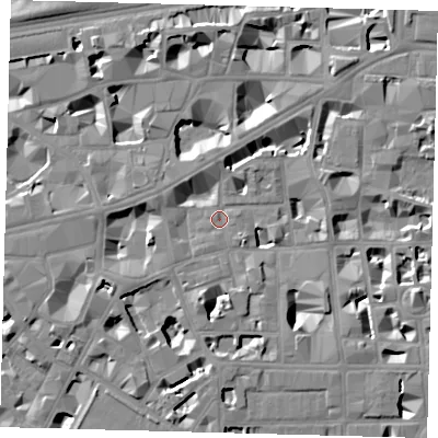 Shaded relief map of the ground around SW1P2LQ, computed from Environment Agency LiDAR. The ground here sits at about 3 m above sea level and falls 8 m across the surrounding 800 m. Surface water reaching this point runs off ground lying to the south-west, 1.9 m higher.