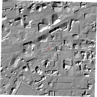Shaded relief map of the ground around SW1P2LR, computed from Environment Agency LiDAR. The ground here sits at about 3 m above sea level and falls 8 m across the surrounding 800 m. Surface water reaching this point runs off ground lying to the west-south-west, 1.9 m higher.