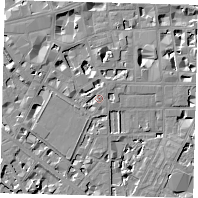 Shaded relief map of the ground around SW1P2LT, computed from Environment Agency LiDAR. The ground here sits at about 5 m above sea level and falls 8 m across the surrounding 800 m. Surface water reaching this point runs off ground lying to the west-south-west, 2.8 m higher.