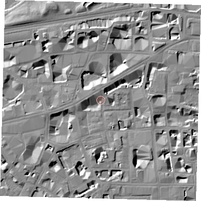 Shaded relief map of the ground around SW1P2LU, computed from Environment Agency LiDAR. The ground here sits at about 3 m above sea level and falls 8 m across the surrounding 800 m. Surface water reaching this point runs off ground lying to the south, 5.7 m higher.