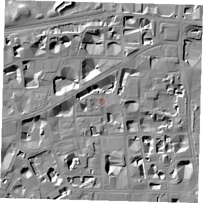 Shaded relief map of the ground around SW1P2LW, computed from Environment Agency LiDAR. The ground here sits at about 3 m above sea level and falls 9 m across the surrounding 800 m. Surface water reaching this point runs off ground lying to the south-south-west, 6.9 m higher.