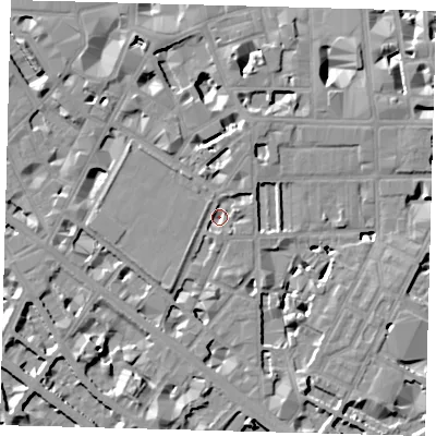 Shaded relief map of the ground around SW1P2LX, computed from Environment Agency LiDAR. The ground here sits at about 3 m above sea level and falls 9 m across the surrounding 800 m. Surface water reaching this point runs off ground lying to the south-east, 2.6 m higher.