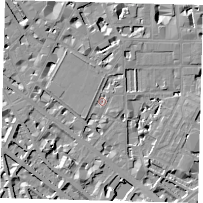 Shaded relief map of the ground around SW1P2NA, computed from Environment Agency LiDAR. The ground here sits at about 3 m above sea level and falls 9 m across the surrounding 800 m. Surface water reaching this point runs off ground lying to the north-east, 2.6 m higher.