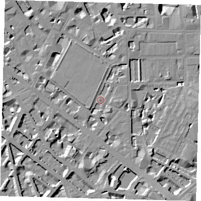Shaded relief map of the ground around SW1P2NB, computed from Environment Agency LiDAR. The ground here sits at about 4 m above sea level and falls 9 m across the surrounding 800 m. Surface water reaching this point runs off ground lying to the south-south-west, 6.5 m higher.