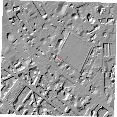 Shaded relief map of the ground around SW1P2NE, computed from Environment Agency LiDAR. The ground here sits at about 2 m above sea level and falls 9 m across the surrounding 800 m. Surface water reaching this point runs off ground lying to the north-north-west, 8.2 m higher.