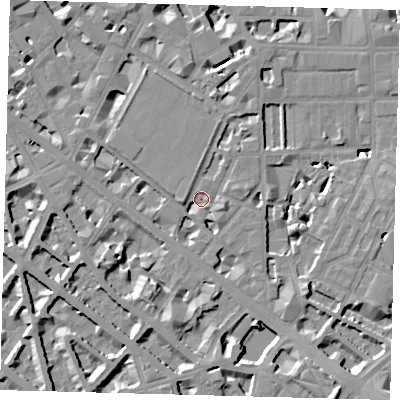 Shaded relief map of the ground around SW1P2NJ, computed from Environment Agency LiDAR. The ground here sits at about 3 m above sea level and falls 10 m across the surrounding 800 m. Surface water reaching this point runs off ground lying to the south-south-west, 6.5 m higher.