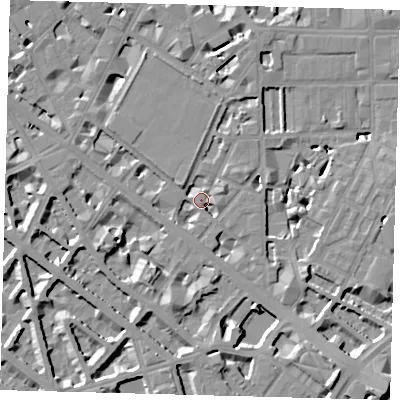 Shaded relief map of the ground around SW1P2NN, computed from Environment Agency LiDAR. The ground here sits at about 3 m above sea level and falls 10 m across the surrounding 800 m. Surface water reaching this point runs off ground lying to the south-south-west, 6.5 m higher.