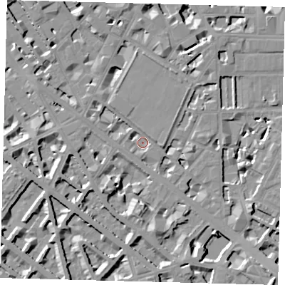 Shaded relief map of the ground around SW1P2NP, computed from Environment Agency LiDAR. The ground here sits at about 2 m above sea level and falls 10 m across the surrounding 800 m. Surface water reaching this point runs off ground lying to the south, 6.7 m higher.