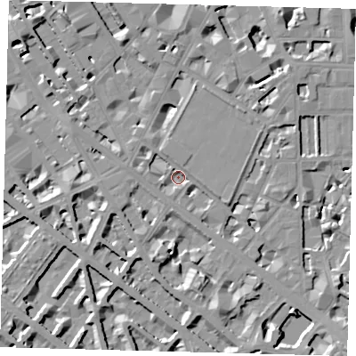 Shaded relief map of the ground around SW1P2NR, computed from Environment Agency LiDAR. The ground here sits at about 2 m above sea level and falls 9 m across the surrounding 800 m. Surface water reaching this point runs off ground lying to the south-south-east, 6.7 m higher.
