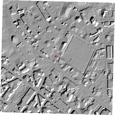 Shaded relief map of the ground around SW1P2NT, computed from Environment Agency LiDAR. The ground here sits at about 2 m above sea level and falls 8 m across the surrounding 800 m. Surface water reaching this point runs off ground lying to the north-north-west, 8.2 m higher.