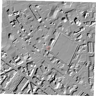 Shaded relief map of the ground around SW1P2NU, computed from Environment Agency LiDAR. The ground here sits at about 4 m above sea level and falls 9 m across the surrounding 800 m. Surface water reaching this point runs off ground lying to the north-north-west, 7.5 m higher.
