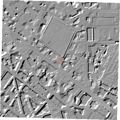 Shaded relief map of the ground around SW1P2NW, computed from Environment Agency LiDAR. The ground here sits at about 4 m above sea level and falls 10 m across the surrounding 800 m. Surface water reaching this point runs off ground lying to the south, 6.7 m higher.