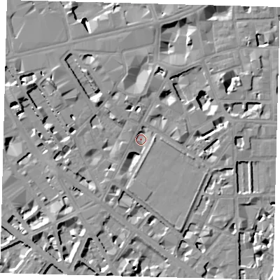 Shaded relief map of the ground around SW1P2PA, computed from Environment Agency LiDAR. The ground here sits at about 3 m above sea level and falls 9 m across the surrounding 800 m. Surface water reaching this point runs off ground lying to the north-east, 6.8 m higher.