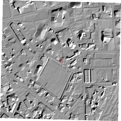 Shaded relief map of the ground around SW1P2PB, computed from Environment Agency LiDAR. The ground here sits at about 5 m above sea level and falls 9 m across the surrounding 800 m. Surface water reaching this point runs off ground lying to the north-north-east, 6.8 m higher.