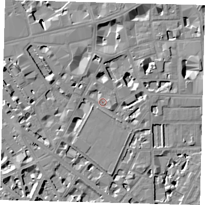 Shaded relief map of the ground around SW1P2PD, computed from Environment Agency LiDAR. The ground here sits at about 4 m above sea level and falls 9 m across the surrounding 800 m. Surface water reaching this point runs off ground lying to the north-east, 6.8 m higher.