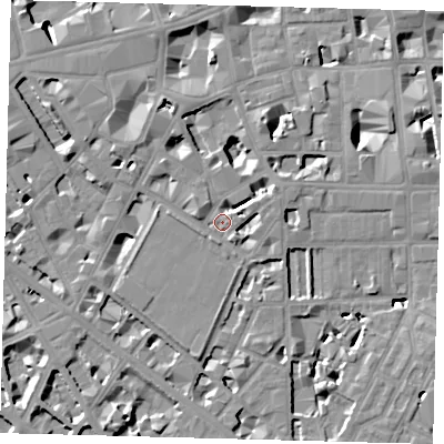 Shaded relief map of the ground around SW1P2PF, computed from Environment Agency LiDAR. The ground here sits at about 4 m above sea level and falls 9 m across the surrounding 800 m. Surface water reaching this point runs off ground lying to the north-north-east, 6.8 m higher.
