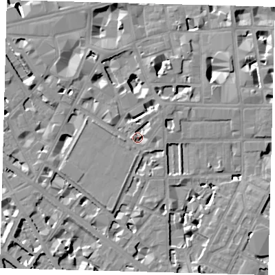 Shaded relief map of the ground around SW1P2PG, computed from Environment Agency LiDAR. The ground here sits at about 5 m above sea level and falls 9 m across the surrounding 800 m. Surface water reaching this point runs off ground lying to the west-north-west, 2.8 m higher.
