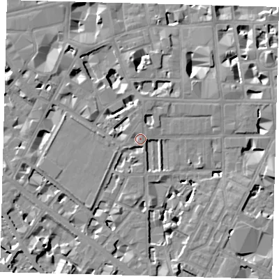 Shaded relief map of the ground around SW1P2PN, computed from Environment Agency LiDAR. The ground here sits at about 4 m above sea level and falls 8 m across the surrounding 800 m. Surface water reaching this point runs off ground lying to the east, 2.1 m higher.