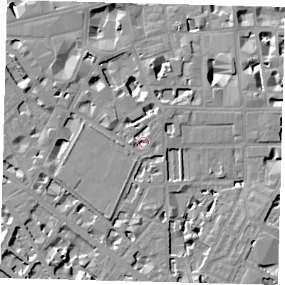 Shaded relief map of the ground around SW1P2PQ, computed from Environment Agency LiDAR. The ground here sits at about 3 m above sea level and falls 9 m across the surrounding 800 m. Surface water reaching this point runs off ground lying to the west, 2.8 m higher.