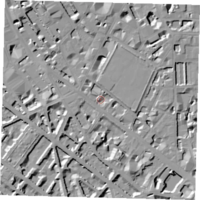 Shaded relief map of the ground around SW1P2PR, computed from Environment Agency LiDAR. The ground here sits at about 3 m above sea level and falls 9 m across the surrounding 800 m. Surface water reaching this point runs off ground lying to the south-south-east, 6.5 m higher.