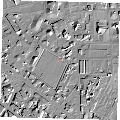 Shaded relief map of the ground around SW1P2PW, computed from Environment Agency LiDAR. The ground here sits at about 4 m above sea level and falls 9 m across the surrounding 800 m. Surface water reaching this point runs off ground lying to the north-east, 2.8 m higher.