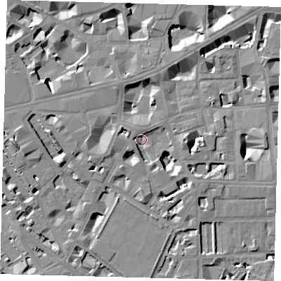 Shaded relief map of the ground around SW1P2QA, computed from Environment Agency LiDAR. The ground here sits at about 2 m above sea level and falls 9 m across the surrounding 800 m. Surface water reaching this point runs off ground lying to the south, 5.9 m higher.
