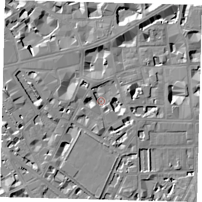 Shaded relief map of the ground around SW1P2QB, computed from Environment Agency LiDAR. The ground here sits at about 2 m above sea level and falls 9 m across the surrounding 800 m. Surface water reaching this point runs off ground lying to the south, 5.9 m higher.