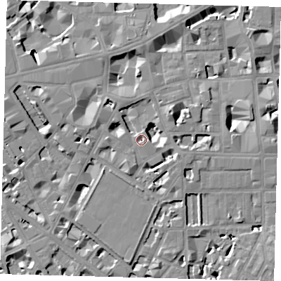 Shaded relief map of the ground around SW1P2QD, computed from Environment Agency LiDAR. The ground here sits at about 3 m above sea level and falls 9 m across the surrounding 800 m. Surface water reaching this point runs off ground lying to the north-east, 6.8 m higher.