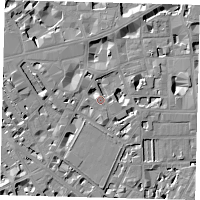 Shaded relief map of the ground around SW1P2QF, computed from Environment Agency LiDAR. The ground here sits at about 4 m above sea level and falls 9 m across the surrounding 800 m. Surface water reaching this point runs off ground lying to the south, 5.9 m higher.
