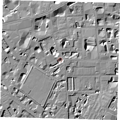 Shaded relief map of the ground around SW1P2QG, computed from Environment Agency LiDAR. The ground here sits at about 3 m above sea level and falls 9 m across the surrounding 800 m. Surface water reaching this point runs off ground lying to the east, 4.1 m higher.