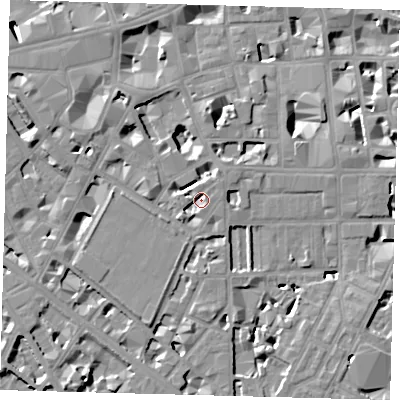 Shaded relief map of the ground around SW1P2QL, computed from Environment Agency LiDAR. The ground here sits at about 3 m above sea level and falls 9 m across the surrounding 800 m. Surface water reaching this point runs off ground lying to the south-west, 2.8 m higher.