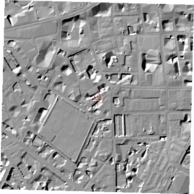 Shaded relief map of the ground around SW1P2QN, computed from Environment Agency LiDAR. The ground here sits at about 5 m above sea level and falls 9 m across the surrounding 800 m. Surface water reaching this point runs off ground lying to the north-east, 4.2 m higher.