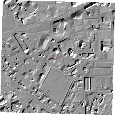 Shaded relief map of the ground around SW1P2QQ, computed from Environment Agency LiDAR. The ground here sits at about 4 m above sea level and falls 9 m across the surrounding 800 m. Surface water reaching this point runs off ground lying to the south-south-east, 2.2 m higher.
