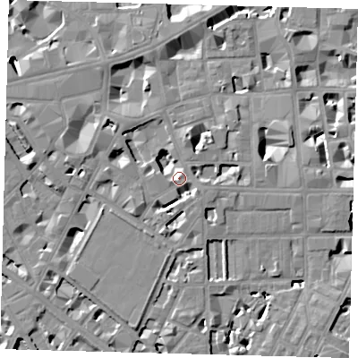 Shaded relief map of the ground around SW1P2QS, computed from Environment Agency LiDAR. The ground here sits at about 4 m above sea level and falls 9 m across the surrounding 800 m. Surface water reaching this point runs off ground lying to the north, 6.8 m higher.