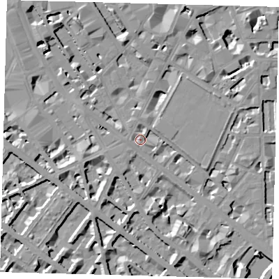 Shaded relief map of the ground around SW1P2QT, computed from Environment Agency LiDAR. The ground here sits at about 4 m above sea level and falls 8 m across the surrounding 800 m. Surface water reaching this point runs off ground lying to the west, 2.3 m higher.