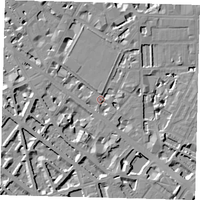 Shaded relief map of the ground around SW1P2QU, computed from Environment Agency LiDAR. The ground here sits at about 3 m above sea level and falls 10 m across the surrounding 800 m. Surface water reaching this point runs off ground lying to the south, 6.7 m higher.
