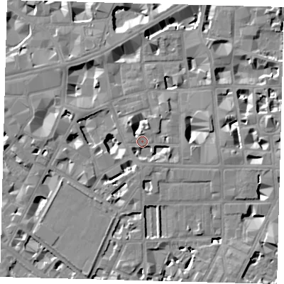 Shaded relief map of the ground around SW1P2TA, computed from Environment Agency LiDAR. The ground here sits at about 4 m above sea level and falls 8 m across the surrounding 800 m. Surface water reaching this point runs off ground lying to the north-north-west, 1.1 m higher.