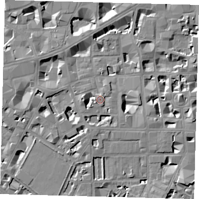 Shaded relief map of the ground around SW1P2TB, computed from Environment Agency LiDAR. The ground here sits at about 5 m above sea level and falls 8 m across the surrounding 800 m. Surface water reaching this point runs off ground lying to the east, 1.7 m higher.