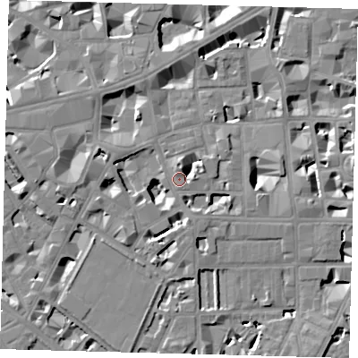 Shaded relief map of the ground around SW1P2TX, computed from Environment Agency LiDAR. The ground here sits at about 5 m above sea level and falls 9 m across the surrounding 800 m. Surface water reaching this point runs off ground lying to the north, 3.8 m higher.