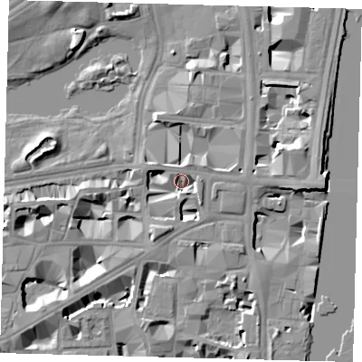 Shaded relief map of the ground around SW1P3AE, computed from Environment Agency LiDAR. The ground here sits at about 3 m above sea level and falls 10 m across the surrounding 800 m. Surface water reaching this point runs off ground lying to the east, 5.5 m higher.
