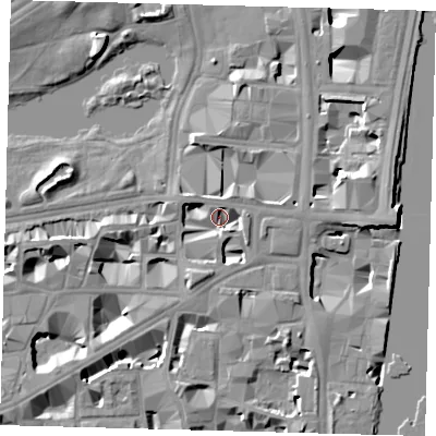 Shaded relief map of the ground around SW1P3AQ, computed from Environment Agency LiDAR. The ground here sits at about 4 m above sea level and falls 10 m across the surrounding 800 m. Surface water reaching this point runs off ground lying to the east, 7.0 m higher.